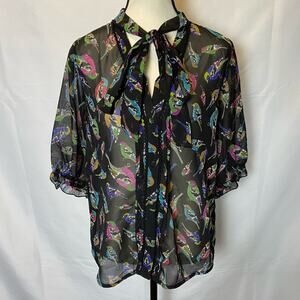 Uttam Boutique Sheer Blouse Size Medium Colorful Bird Tie Neck Button Down